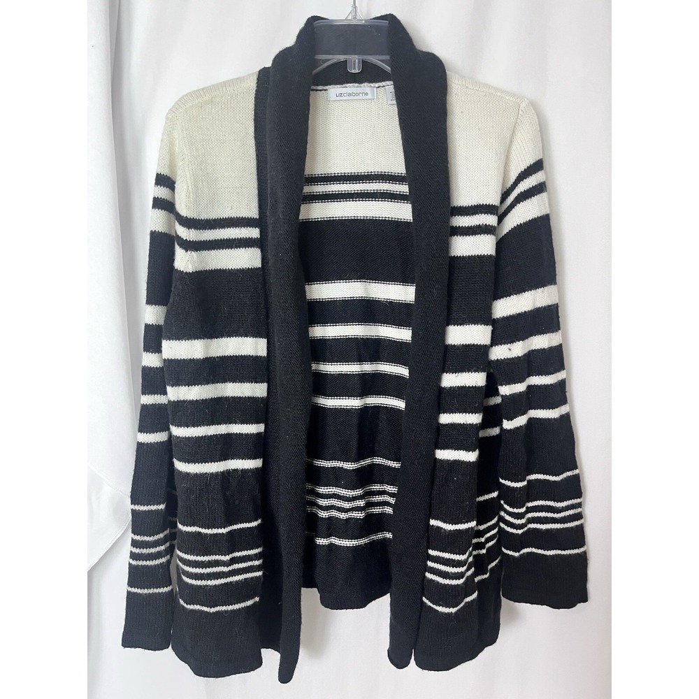 Liz Claiborne Womens Sweater White Black Stripe Open Front Cardigan Size XL